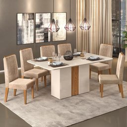 Mesa de Jantar Mia Tampo com Vidro 170x90 Creme/Carvalho e 6 Cadeiras Elen Carvalho Europeu/Veludo C - 2