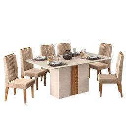 Mesa de Jantar Mia Tampo com Vidro 170x90 Creme/Carvalho e 6 Cadeiras Elen Carvalho Europeu/Veludo C - 1