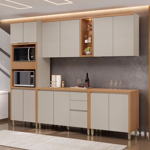 Cozinha Completa Allure 13 Portas 3 Gavetas 100% Mdf Jequitibá/gris - Linea Brasil
