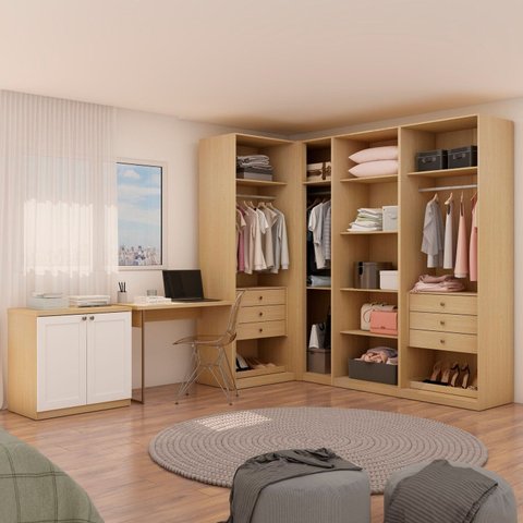 Closet para Quarto de Casal 100% Mdf 6 Módulos com Escrivaninha e Balcão 2 Portas Infinity