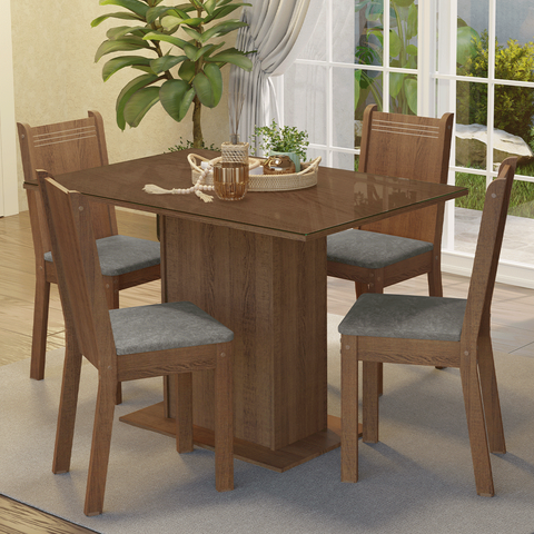 Conjunto Sala de Jantar Mesa Tampo de Vidro 4 Cadeiras Rustic/Silver Camélia Madesa