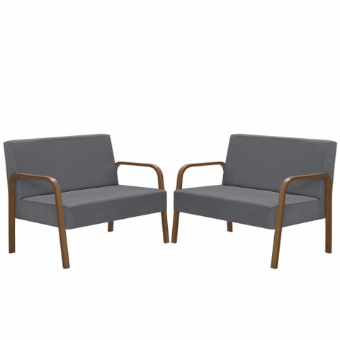 Kit Poltrona Decorativa 2 Namoradeiras Jade Braço Madeira D Salla Suede Grafite
