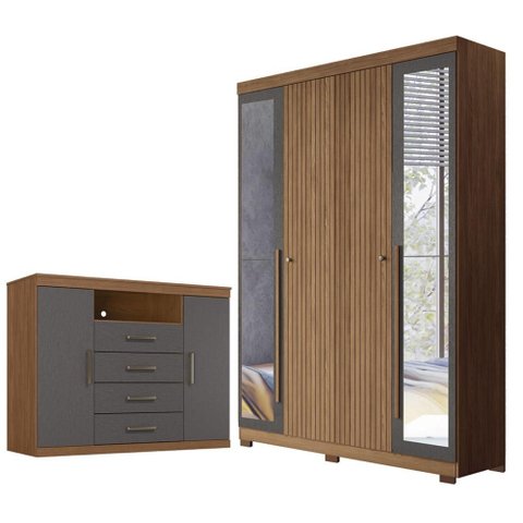 Guarda Roupa Casal Ripado 4 Portas Buriti com Espelho e Pés e Cômoda Havana Master Jatobá Grafite Ac