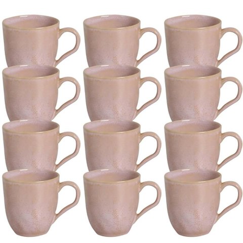 Jogo Mesa Posta Porto Brasil 12 Xicaras 273ml Cerâmica Rosa Orgânico Litchi Café da Manhã