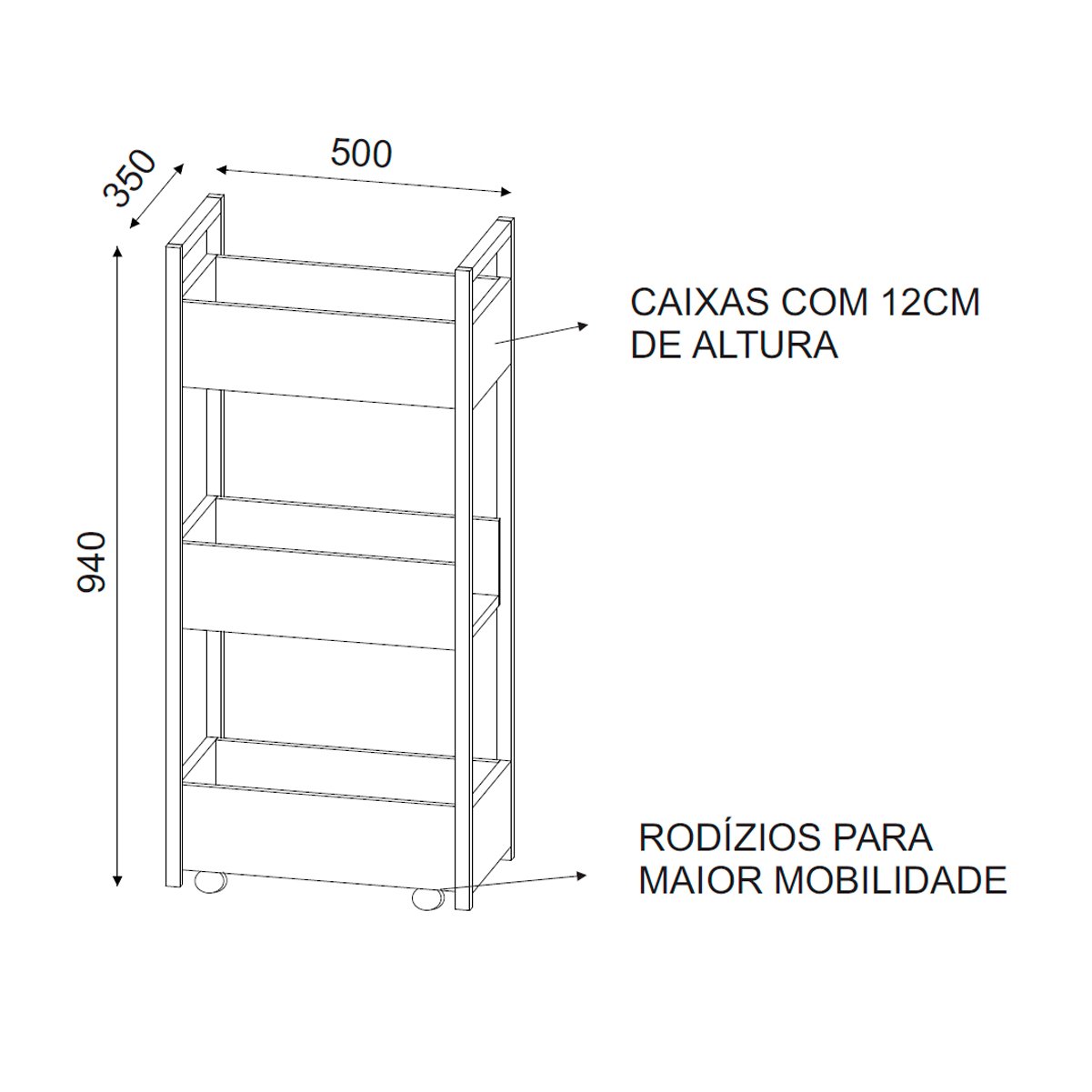 Carrinho Fruteira Multiuso para Cozinha Salão de Beleza com Rodinhas Preto Laís - 5