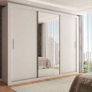 Guarda-roupa Casal Carol 3 Portas de Correr com Espelho 4 Gavetas Branco - Panorama Móveis