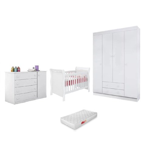 Jogo de Quarto Infantil Branco Berço Americano Colonial C/ Colchão + Roupeiro e Cômoda Mdf Old Clean