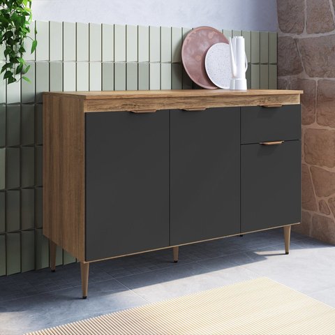 Armário Balcão com Tampo 3 Portas 1 Gaveta 120cm Modulada Veneza Marrom/Mel/Grafite