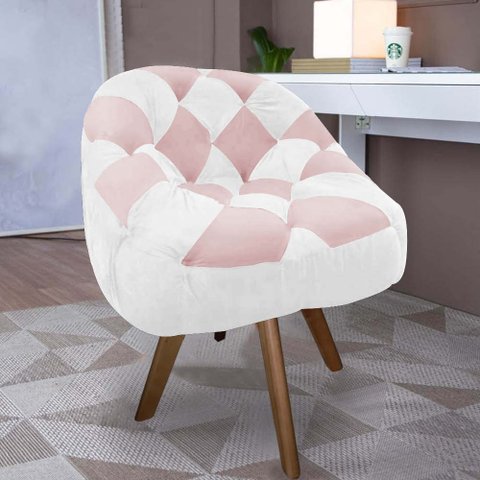 Poltrona Paloma Escritório Sala Giratória Madeira Suede Branco e Suede Rosa Bebê - Dominic Decor