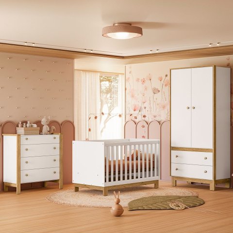 Quarto de Bebê Completo com Berço Slim Cômoda e Roupeiro Flora Branco Qmovi