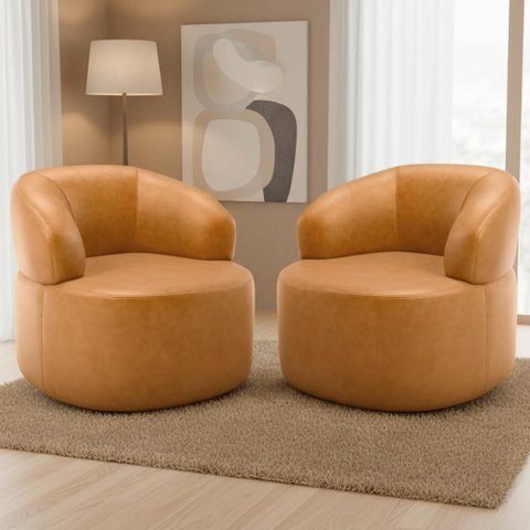 Kit 02 Poltronas Giratória Orgânica para Sala Living Helena L02 Couríssimo Whisky - Lyam Decor