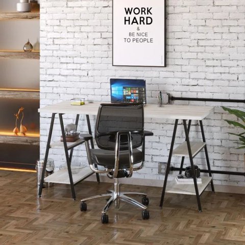 Escrivaninha Mesa Escritório Cavalete Estilo Kuadra 4 Prateleiras 150cm Industrial Snow e Preto Branco