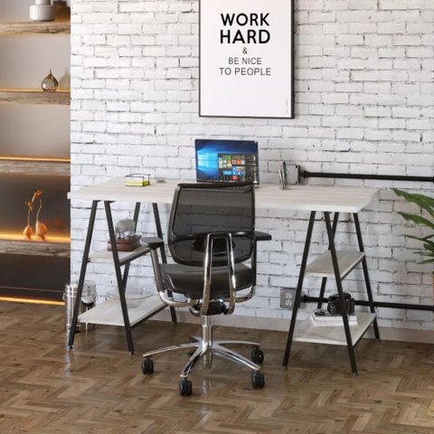 Escrivaninha Mesa Escritório Cavalete Estilo Kuadra 4 Prateleiras 150cm Industrial Snow E Preto