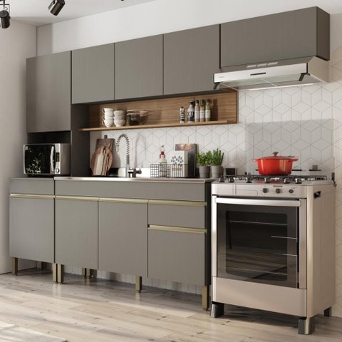 Armário de Cozinha Completa 150 com Balcão para Pia 9 Portas Line - Freijó/gris
