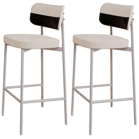 Kit 02 Banquetas Alta Bar Cozinha Sala de Jantar Aço Branco Kaira C01 Linho Palha Courino Preto -