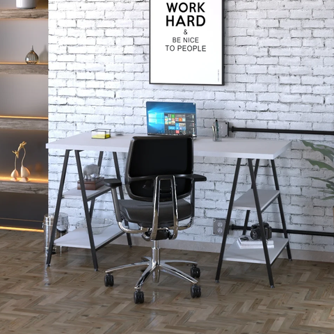 Escrivaninha Mesa Escritório Cavalete Estilo Kuadra 4 Prateleiras 150cm Industrial Branco Chess E Preto