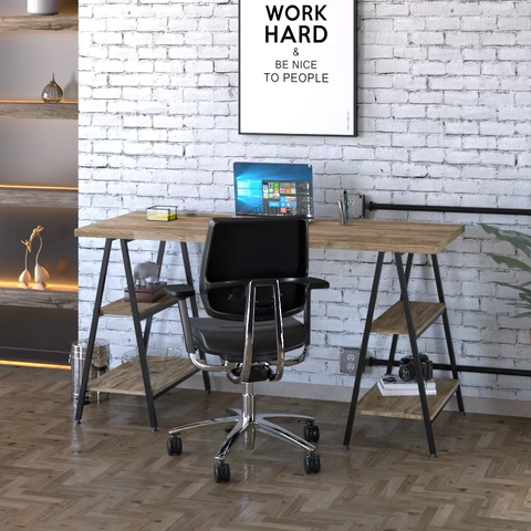 Escrivaninha Mesa Escritório Cavalete Estilo Kuadra 4 Prateleiras 150cm Industrial Carvalho E Preto