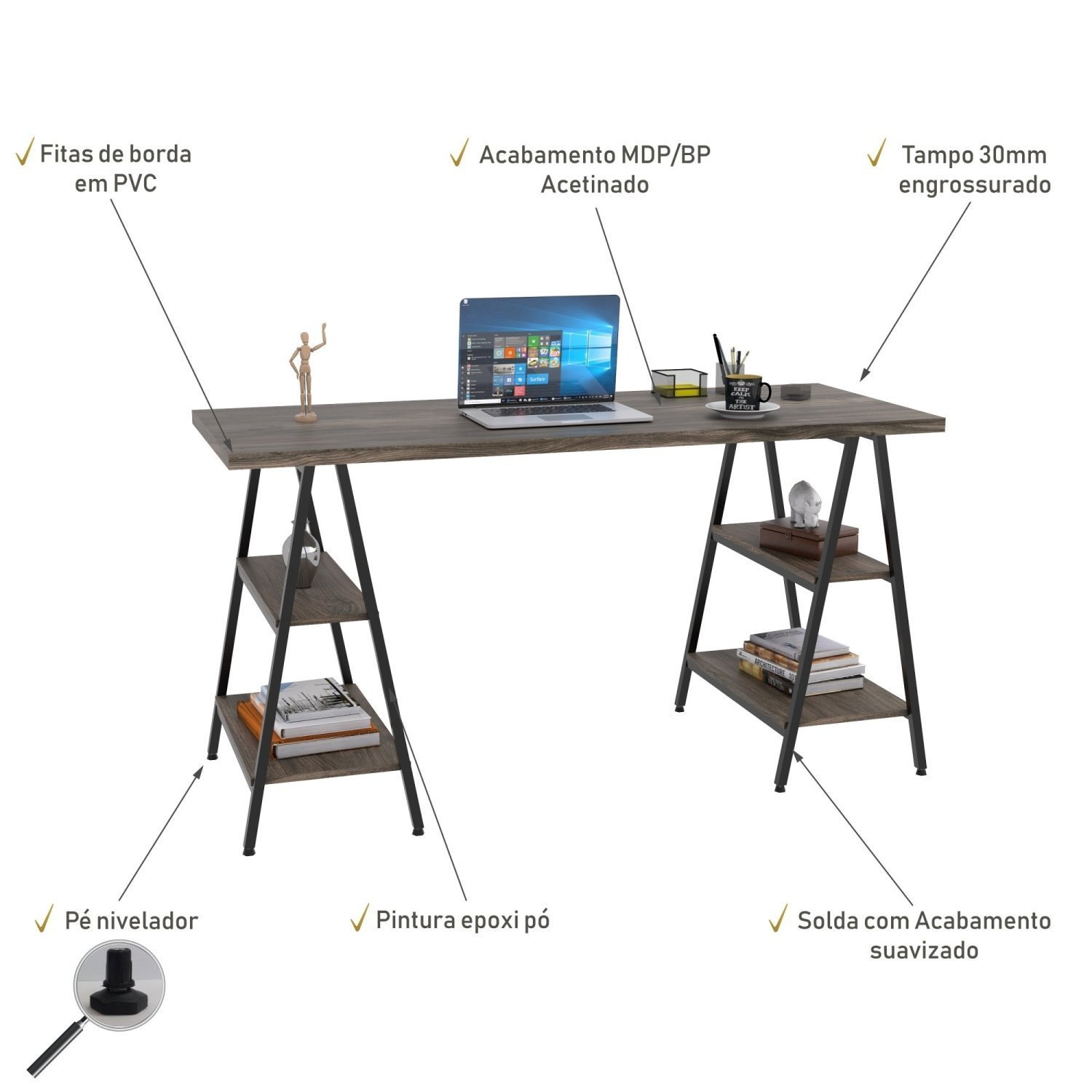 Escrivaninha Cavalete 150cm 4 Prateleiras Estilo Industrial Kuadra  - 5