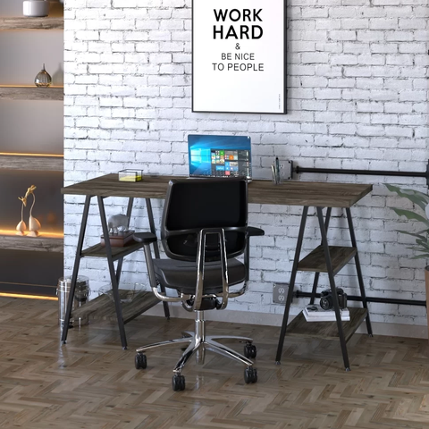 Escrivaninha Mesa Escritório Cavalete Estilo Kuadra 4 Prateleiras 150cm Industrial Carvalho Dark E Preto