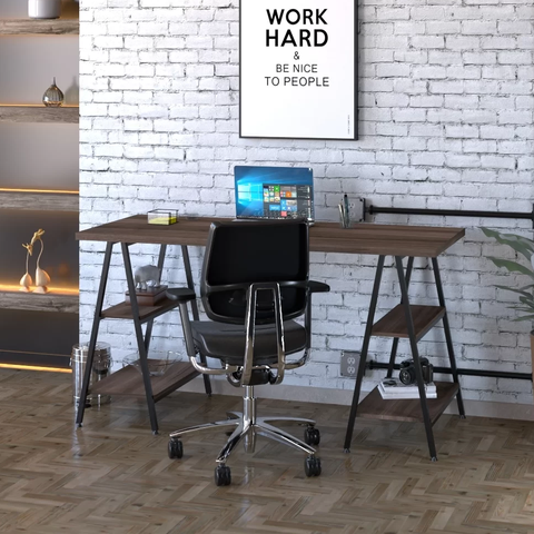 Escrivaninha Mesa Escritório Cavalete Estilo Kuadra 4 Prateleiras 150cm Industrial Nogal e Preto Marrom