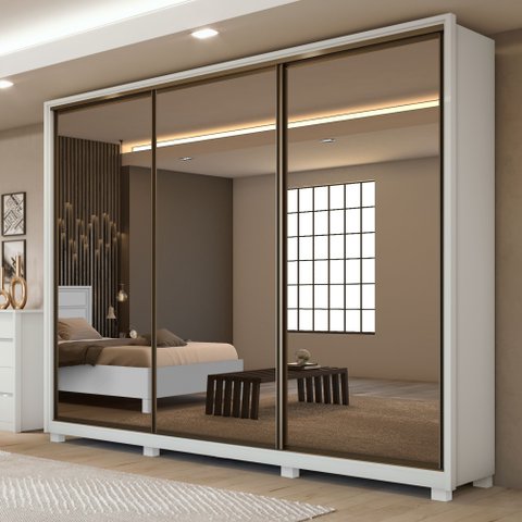 Guarda Roupa Casal 3 Portas de Correr 6 Gavetas com Espelho e Pés 100% MDF Spazio Super Glass Yescasa Branco