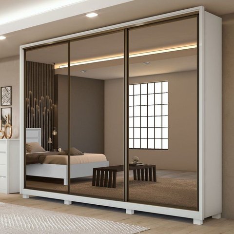 Guarda Roupa Casal 3 Portas de Correr 6 Gavetas com Espelho e Pés 100% MDF Spazio Super Glass Branco