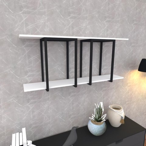 Prateleira Industrial Suspensa Estante Parede Nicho Branca Ferro e Madeira Suporte Pratileira