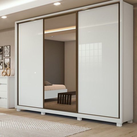 Guarda-Roupa Casal 3 Portas de Correr 6 Gavetas com Espelho e Pés MDF 270cm Spazio Yescasa Branco