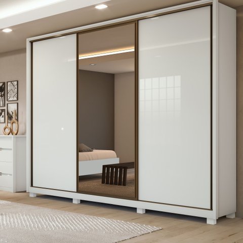 Guarda Roupa Casal 3 Portas de Correr 6 Gavetas com Espelho 270,5cm 100% MDF Spazio Glass Yescasa
