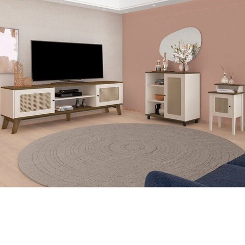 Conjunto Sala de Estar Charlotte Mesa Buffet e Rack MDF Pinho e Branco