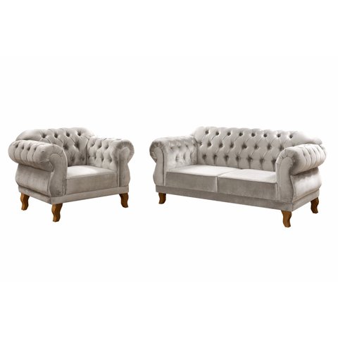 Kit Namoradeira Duquesa Chesterfield 2 Lugares + 1 Poltrona - Suede Bege Claro