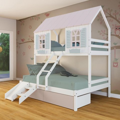 Beliche Casal/ Solteiro Casinha Bela 02 Gavetas Rosa Kit Escada/escorregador - Madeira Maciça