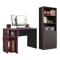 Conjunto Gamer Armário 2 Portas e Mesa para Computador 3875 Preto/Vermelho - Qmovi - 1 Conjunto Gamer Armário 2 Portas e Mesa para Computador 3875 Preto/Vermelho - Qmovi - 1