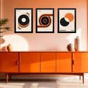 Ver imagem 1 de Kit 3 Quadros Bauhaus Laranja e Preto - Círculos 45x34cm:moldura Preta