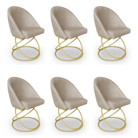Kit 06 Cadeiras Poltrona de Jantar Bela Linho Bege Base Metálica Luxo Dourado - Pallazio
