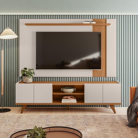 Painel para TV Leme até 65 Extensivo com Rack Brazos Off White Matte/Freijó Colibri Decor