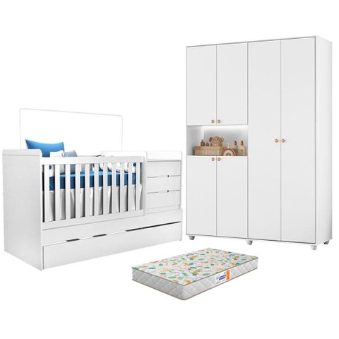 Berço Multifuncional Cléo com Colchão e Guarda Roupa Infantil Vittoria 6 Portas Branco - Móveis Alba