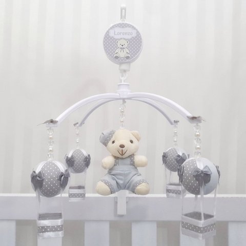 Mobile para Berço Musical Giratório Urso Balão Cinza