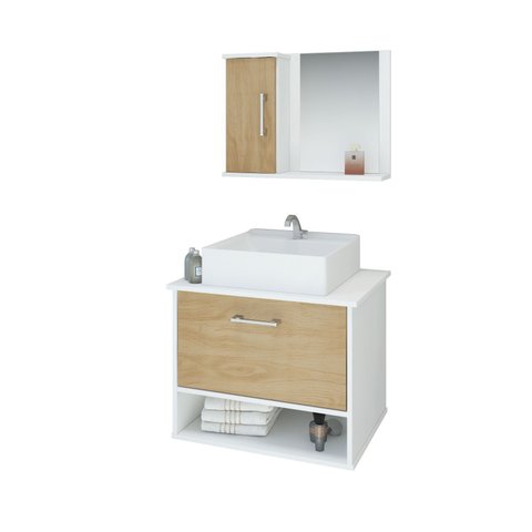Gabinete Banheiro Malibu 50 Cm Armário com Cuba e Espelheira:freijo