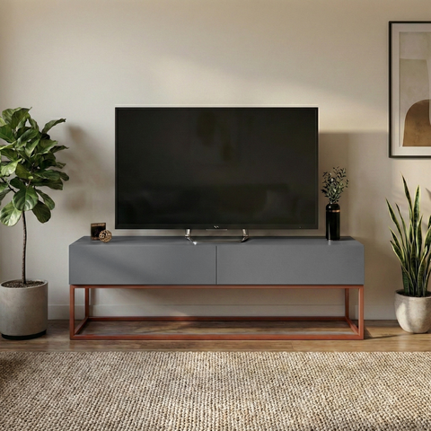 Rack Eros 140cm Minimalista e Moderno com 2 Gavetas Organizadoras e Base Metálica:cinza/cobre