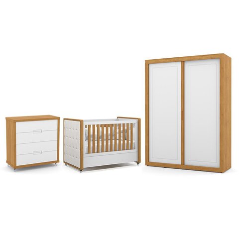 Dormitório Tutto New 2 Portas, Cômoda 4 Gavetas e Berço Branco Soft/freijó com Capitonê - Matic
