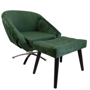 Kit Poltrona Giovana Giratória Cromado, Puff Capitonê Luxo e Almofadas em Sued Premium:verde Musgo