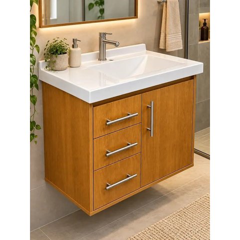 Gabinete p/ Banheiro Londres 66cm c/ Gavetas e Porta Armário Freijó