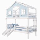 Ver imagem 3 de Beliche Casinha Dos Sonhos com Varanda Kit Escorregador e Grade Proteção Madeira Branco | Azul