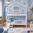 Ver imagem 1 de Beliche Casinha Dos Sonhos com Varanda Kit Escorregador e Grade Proteção Madeira Branco | Azul