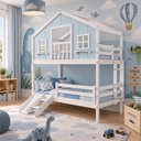 Ver imagem 2 de Beliche Casinha Dos Sonhos com Varanda Kit Escorregador e Grade Proteção Madeira Branco | Azul