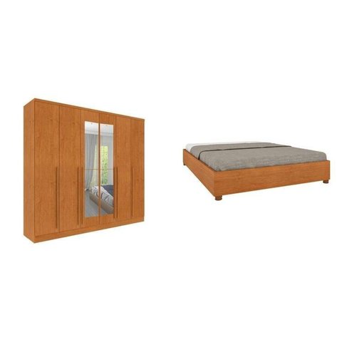 Conjunto Guarda Roupa Casal 6 Portas 8 Gavetas Puxador MDF com Espelho Portugal e Cama Casal Monaco Bege/Cinamomo
