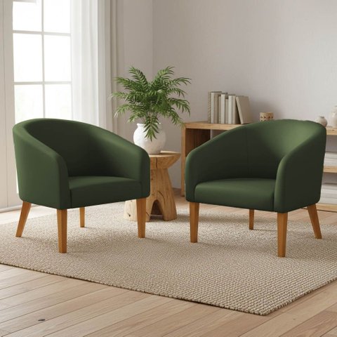 Poltrona Sala Decorativa Kit 2 Stella Pé Madeira Trapézio Castanho Sintético Pu Verde D03 - D’Rossi