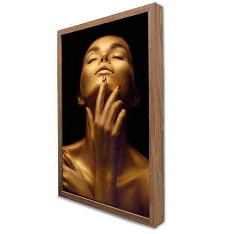 Quadro Decorativo Caixa Mulher Beleza Dourada Tacolado Moldura Caixa Alta 4,5cm Madeira sem Vidro 80