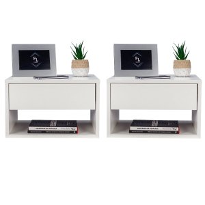 Kit 2 Mesas de Cabeceira Criado Branco 40cm Estilo Suspensa Com Gaveta Superior  e Nicho Para Quarto
